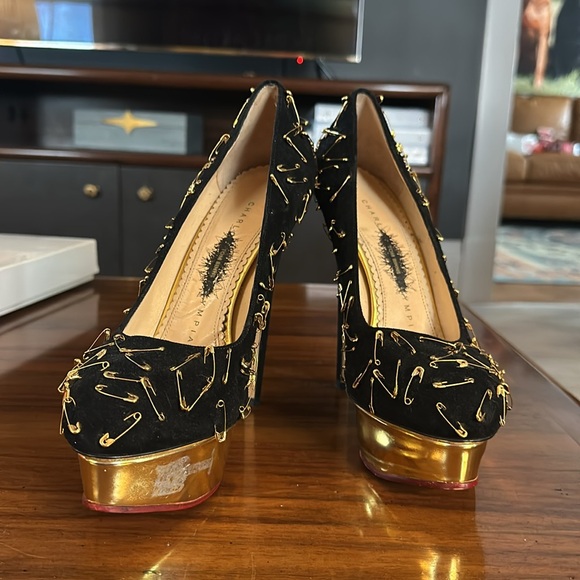 Charlotte Olympia x Tom Binns Suede Gold Safety Pin Platform Heels EU 38.5 - Picture 4 of 12